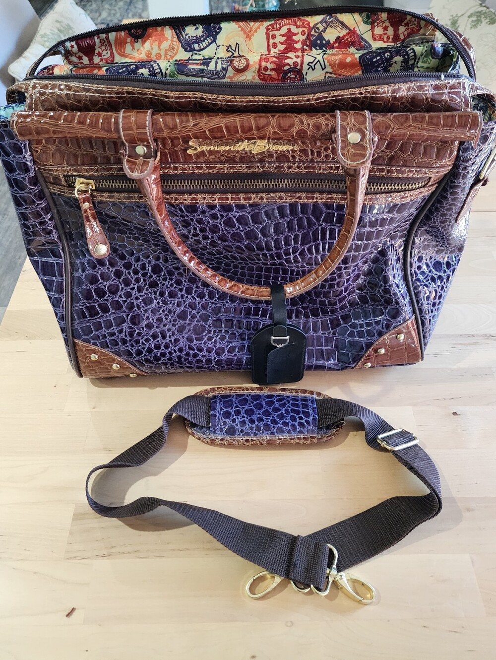Samantha Brown | Croc-Embossed Patent Satchel / Travel Tote Bag | Purple